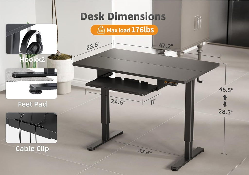 YDN Standing Desk, Height Adjustable Computer Desk with Keyboard Tray, 48 Inch Black Ergonomic Desk for Home Office and Gaming
