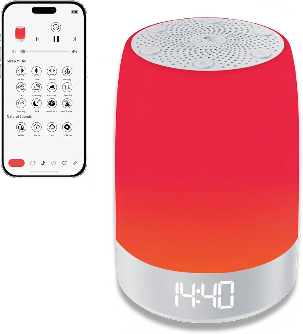 Red Light Sleep Sound Machine – Night Light for Bedroom with 5-Level Red Light Therapy (620–690nm), 32 White Noise & Nature Sounds, Smart App Control, Timer & Wake-Up Alarm Clock