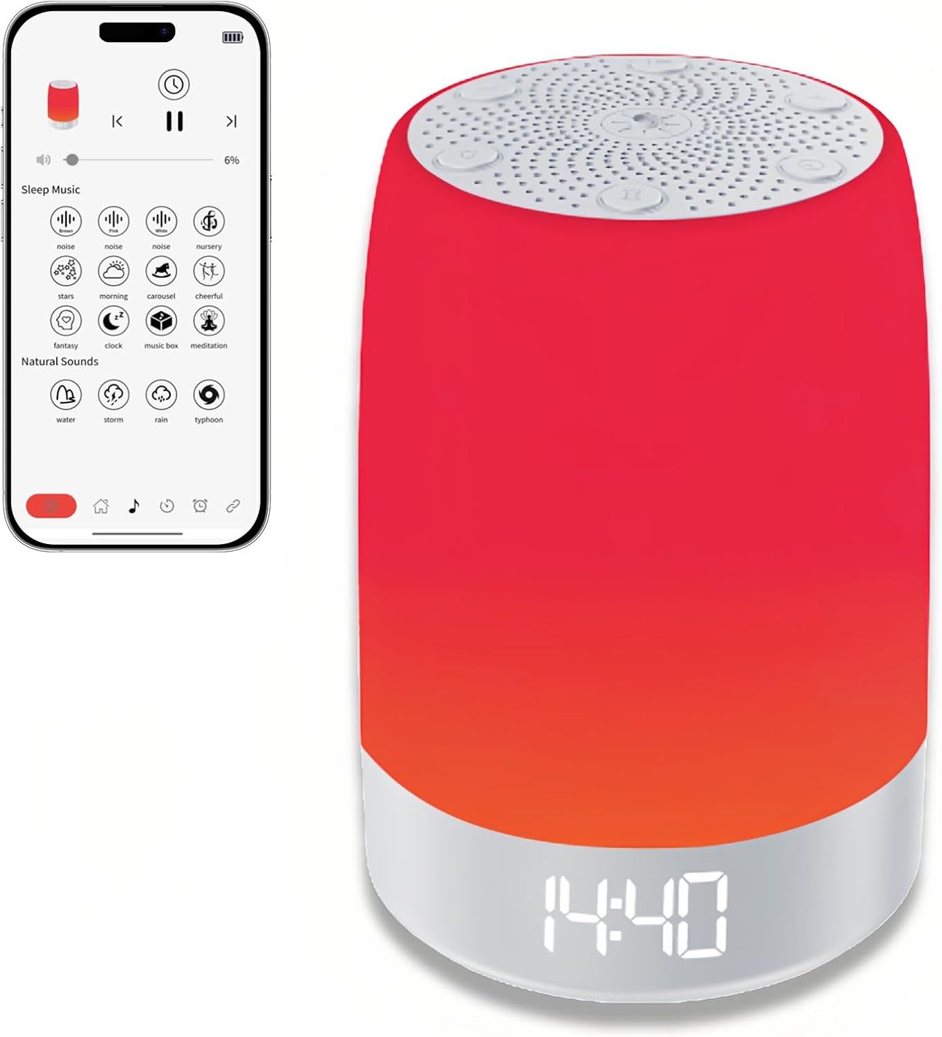 Red Light Sleep Sound Machine – Night Light for Bedroom with 5-Level Red Light Therapy (620–690nm), 32 White Noise & Nature Sounds, Smart App Control, Timer & Wake-Up Alarm Clock