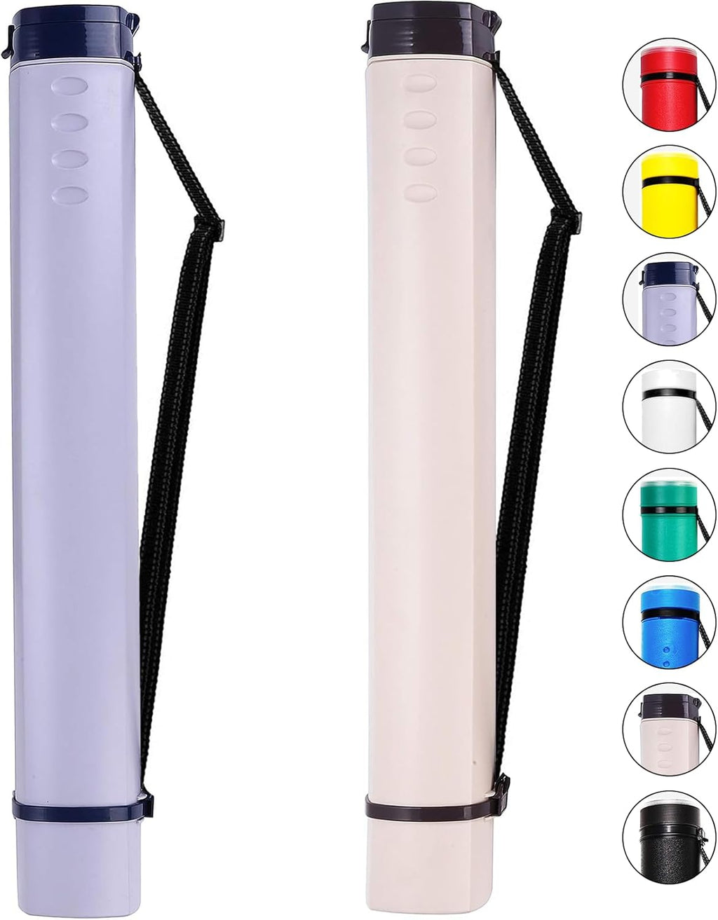 2-Pack Extendable Poster Tubes Expand from 24.5” to 40” with Shoulder Strap | Carry Documents, Blueprints, Drawings and Art | Creamy White and Violet Portable Round Storage Cases with Lids and Labels