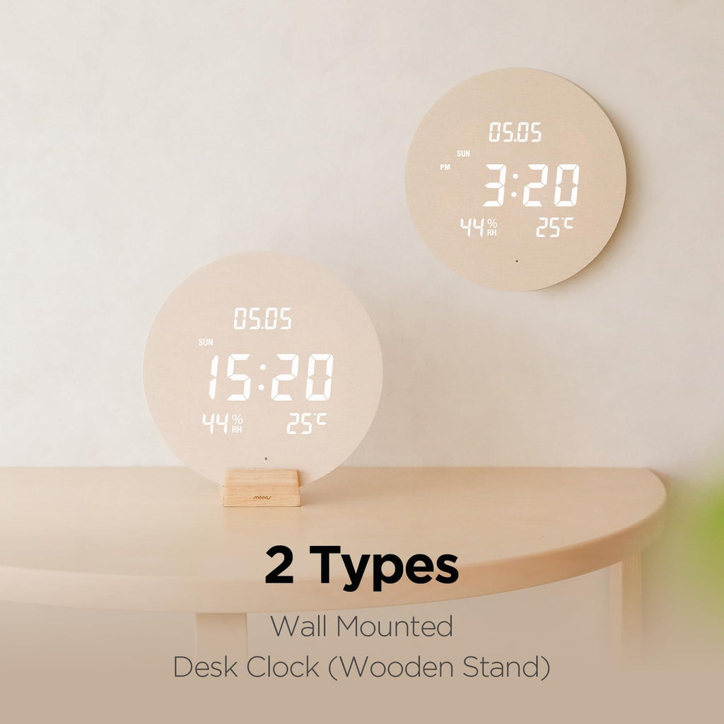 mooas Wood Moon Cordless Digital LED Wall Clock, Time Week Temperature & Humidity, Sound Sensor-Auto Brightness, Modern Décorative LED Clock for Bedroom Livingroom, Wireless Wall Mount/Wooden Stand