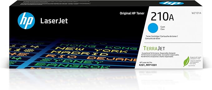 HP 210A Cyan Toner Cartridge | Works Color Laserjet Pro 4201, Color Laserjet Pro MFP 4301 Series | W2101A