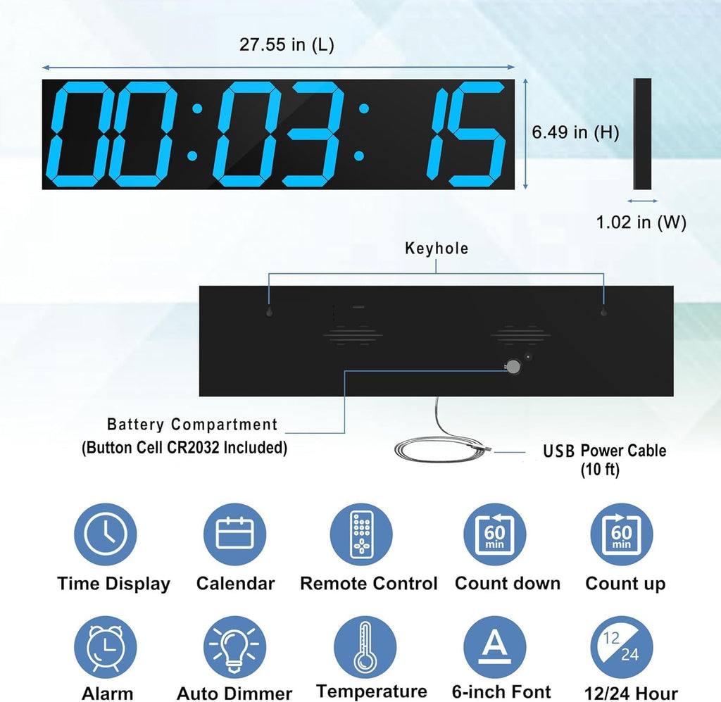 Digital Wall Clock, Oversize Led Digital Clock Large Display with Auto Dimmer, Huge Countdown Timer with Remote Control, 27" Wide Display, 6 Digits, Wall Mount, Date and Temperature(Ice Blue)