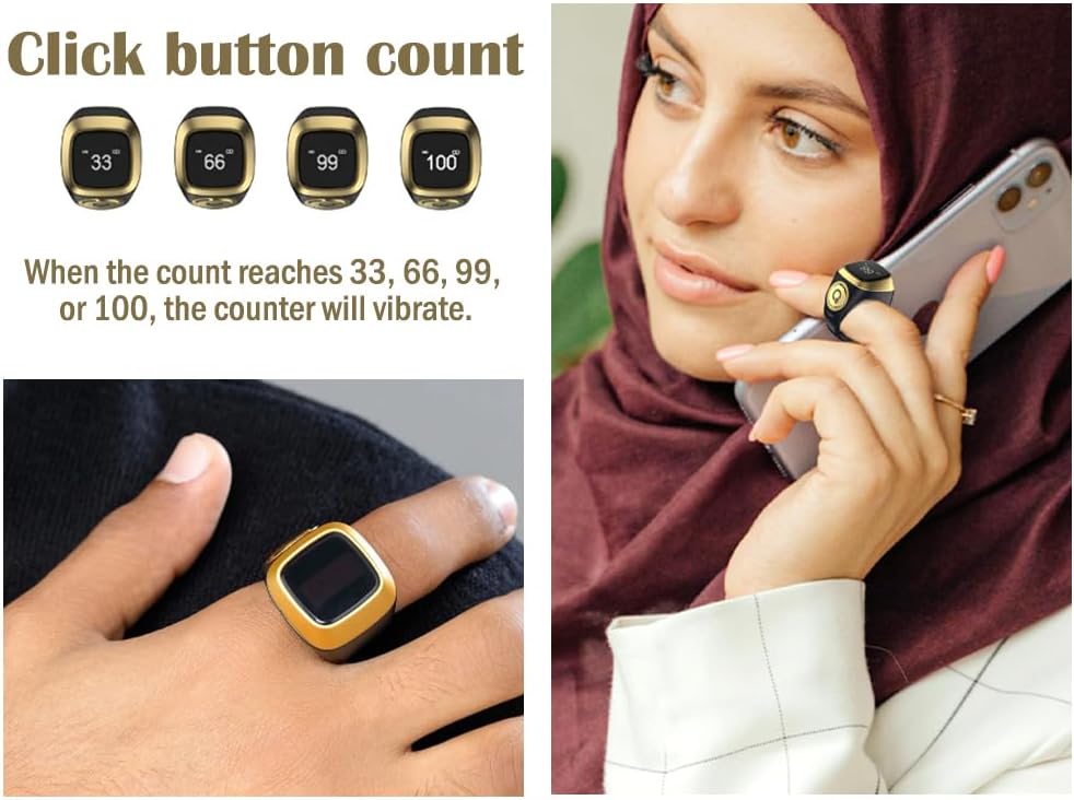 Smart Ring Counter,Tasbih Counter Smart Ring,Rechargeable Finger Counter,18mm Muslim Islamic Prayer Smart Rings,Digital Electronic Smart Tally Counter for Prayer Time Reminder(Black,18MM)