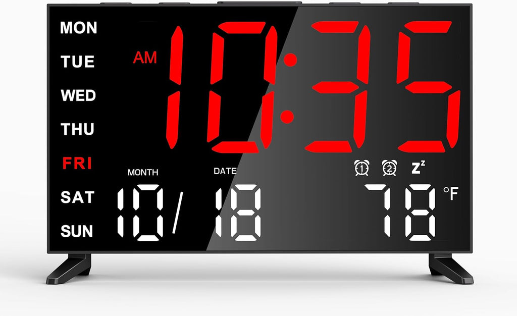 Mirror Digital Loud Alarm Clock,Indoor Temperature,USB Charging Port,Dimmer,Dual Alarms,Adjustable Volum,12/24H,Snooze,Perfect for Bedroom and Living Room (Black+Red Digit)