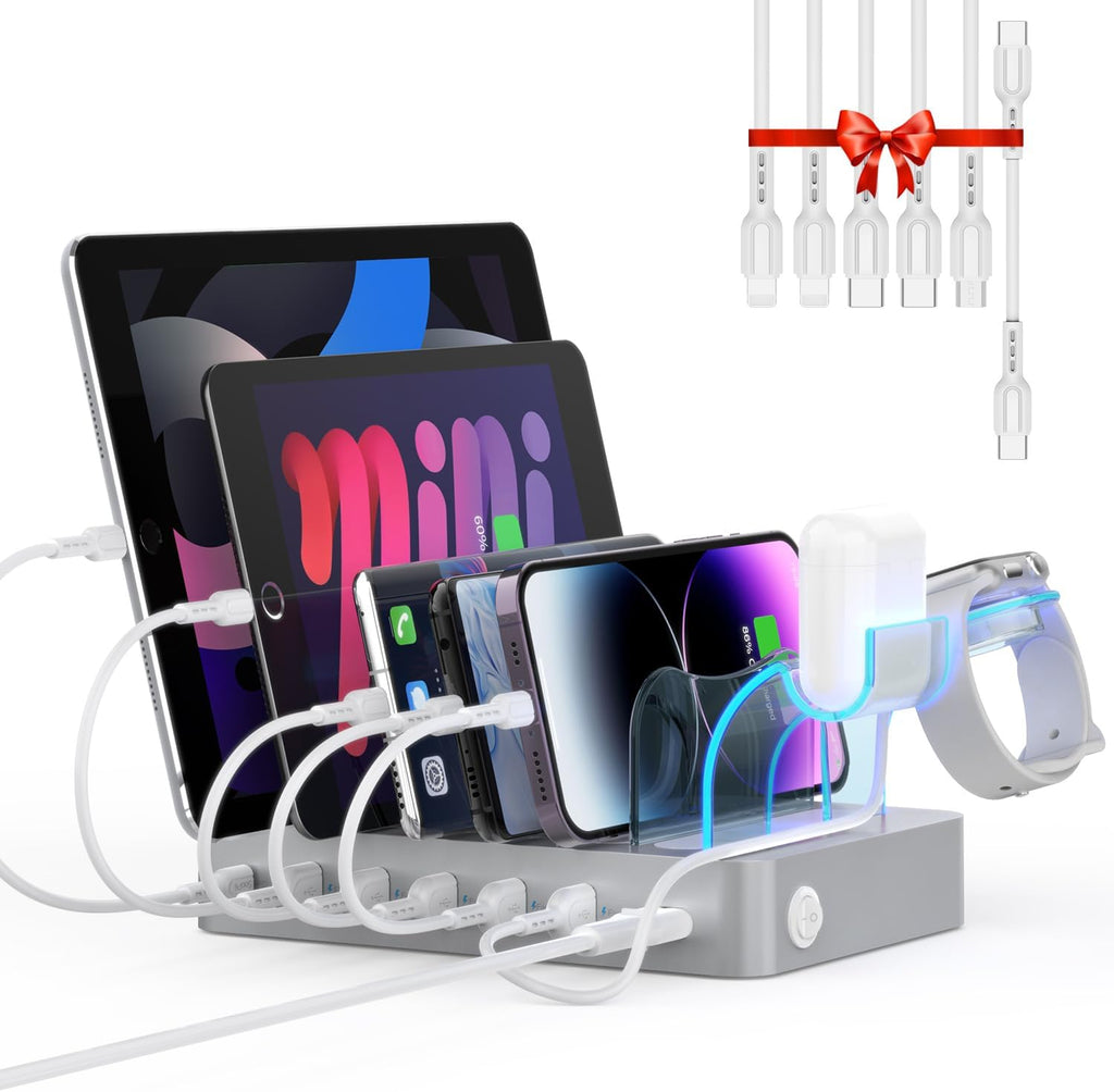 SooPii 60W 6-Port PD Charging Station for Multiple Devices, 20W PD USB C Fast Charging for lPhone 14/13/12,6 Short Cables Included, 2 in 1 Holder,for Phones,Tablets and Others