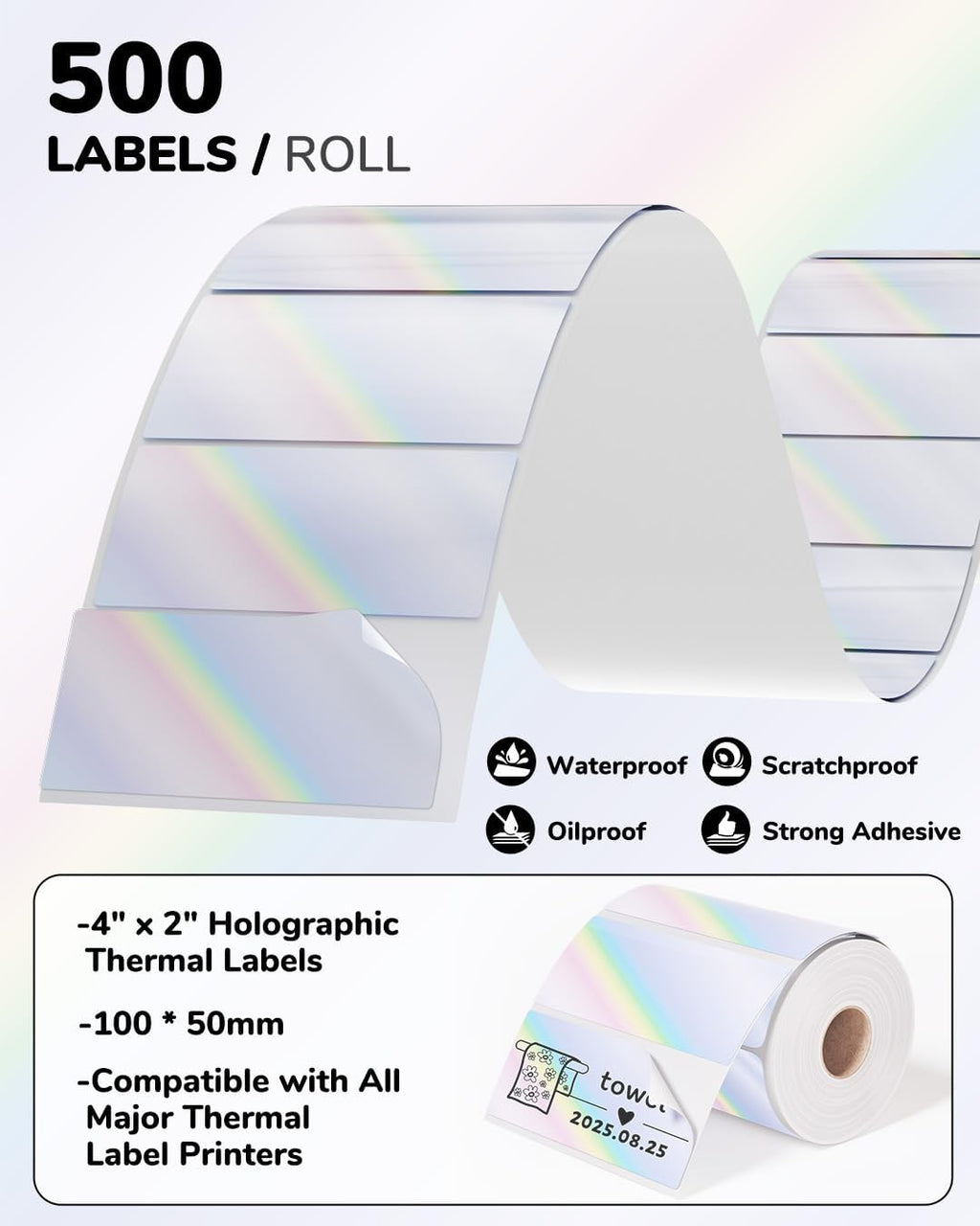 Holographic Square Thermal Labels (4 x 2 inch), Self-Adhesive Direct Thermal Sticker Label, Compatible with All Thermal Shipping Label Printers, for Name, Price Tag, DIY, Logo, 500 Labels/Roll