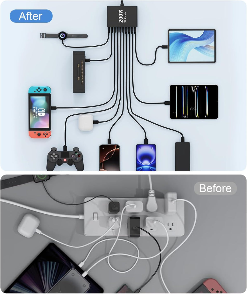 USB C Charging Station 10 Port with 4 USB Cables, 200W GaN Type C Charger Block, Wall Charger Power Strip Adapter Plug for iPad iPhone16 15 14 13 12 Pro Max Pixel Note Galaxy