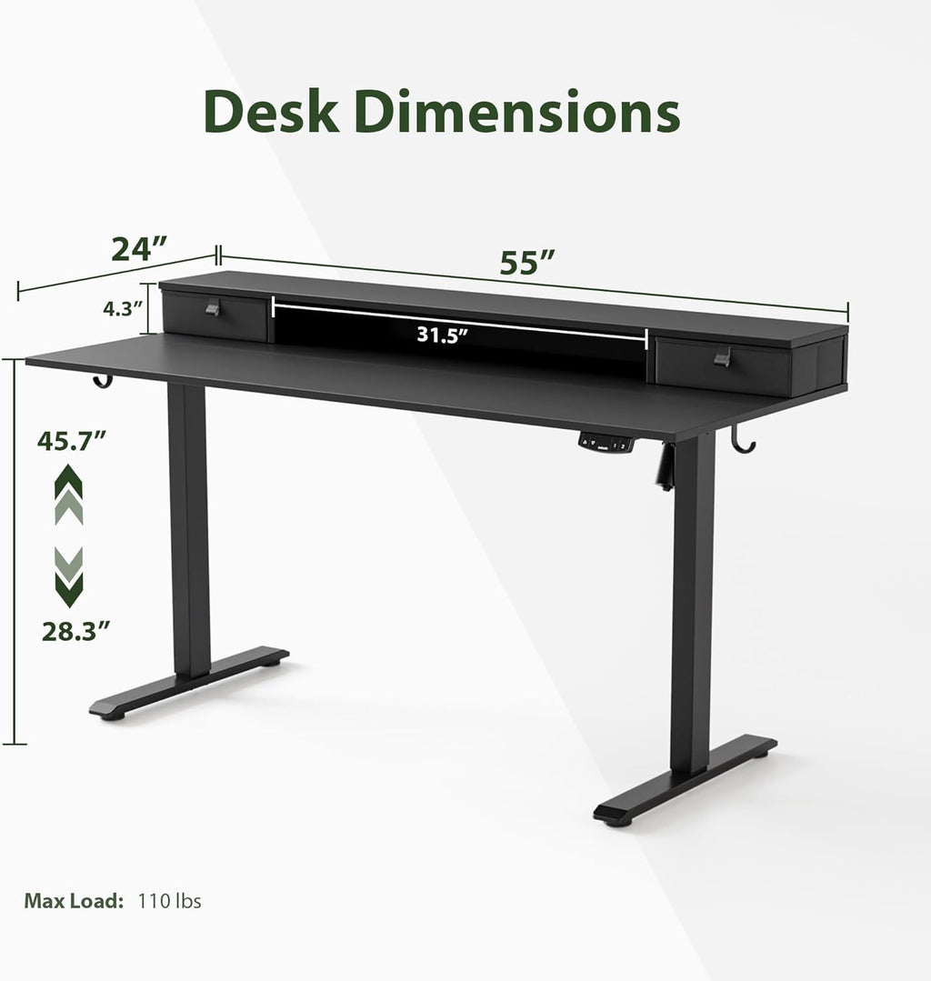Agilestic 55 x 24 Inches Electric Standing Desk with 2 Storage Drawers, Stand Up Desk Adjustable Height, Sit and Stand Computer Table with Splice Board, Black