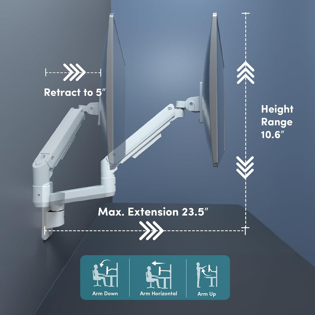 Monitor Wall Mount for 17-49 Inch Ultrawide Monitors, Single Monitor Arm Holds 4.4-44 lbs Screens, Adjustable Premium Aluminum Wall Mount with Max VESA 100x100 for Samsung Odyssey G9 and More, White