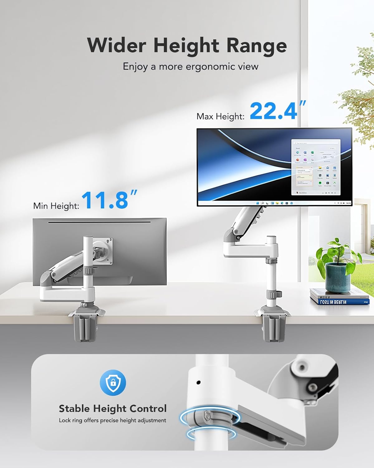 HUANUO Single Monitor Arm, Adjustable Desk Mount for 13-34 inch Screens, Holds 19.8lb, 22.44 inch Max Height, Full Motion Swivel Monitor Stand with VESA 75x75mm and 100x100mm, White