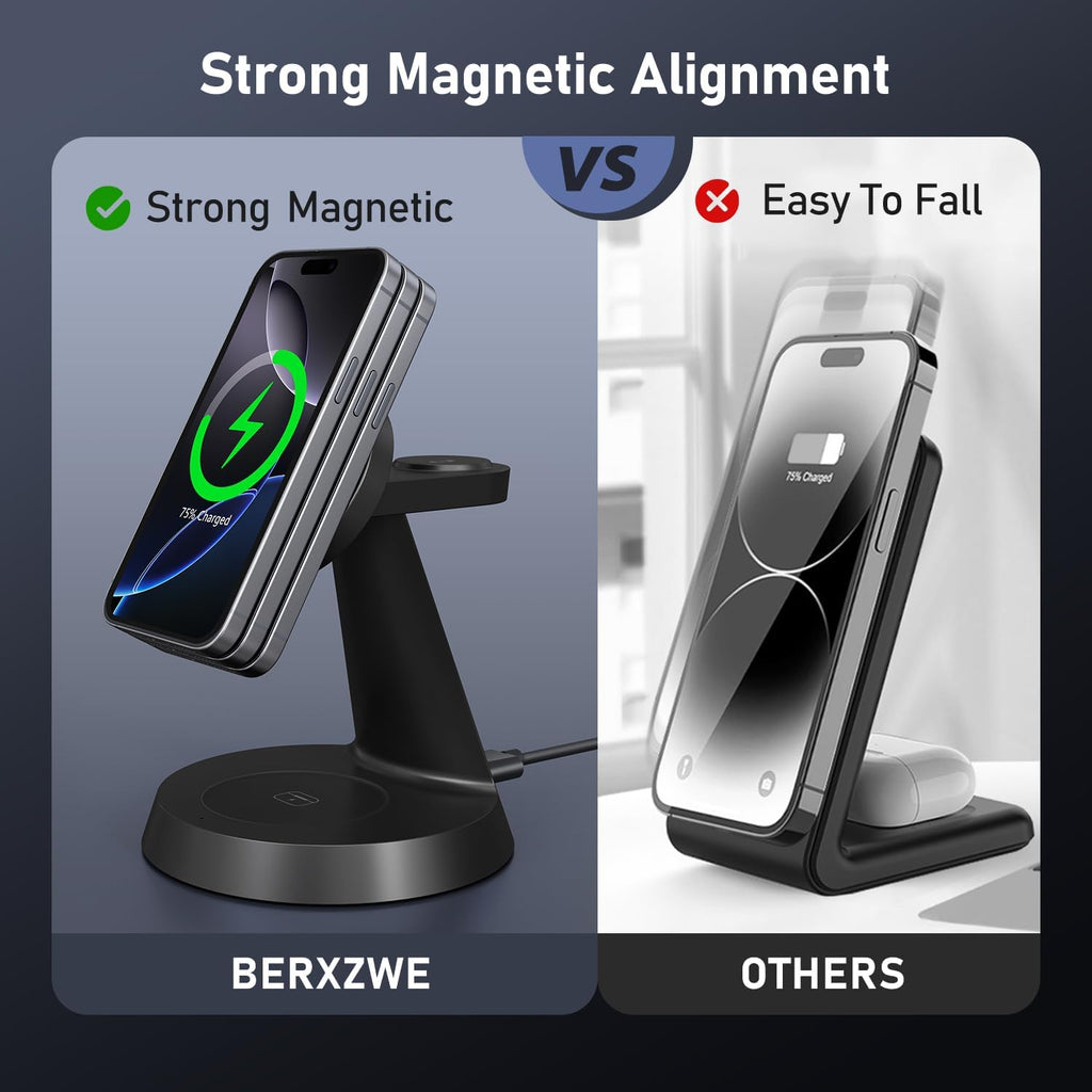 3 in 1 Wireless Charging Station for Apple Mag-Safe 15W Fast Charger Stand for Multiple Apple Devices Magnetic Charger for iPhone 16 Pro Max/16 Pro/16/15/14/13/12, AirPods, iWatch Series(Black)