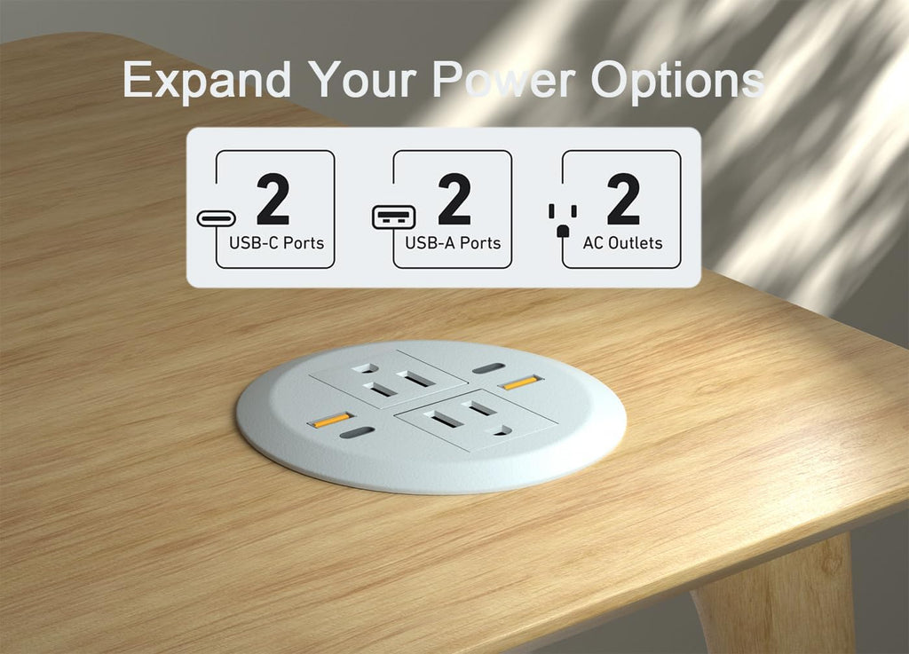 Desktop Power Grommet,Dual PD20W USB C,40W Total Output,4 USB Ports,Flush Mounted for 3-1/8" Desk Grommet Holes,Round Recessed Outlet,ETL-Certified,Flat Plug,6.4 ft,White