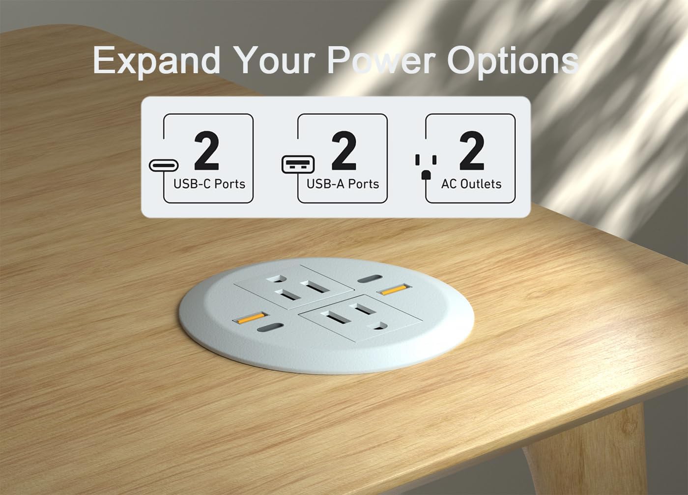 Desktop Power Grommet,Dual PD20W USB C,40W Total Output,4 USB Ports,Flush Mounted for 3-1/8" Desk Grommet Holes,Round Recessed Outlet,ETL-Certified,Flat Plug,6.4 ft,White