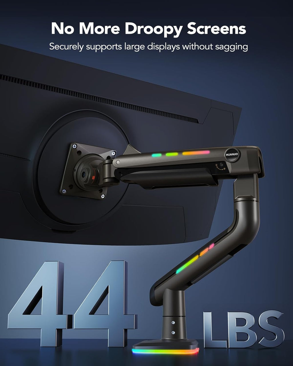 HUANUO RGB Monitor Arm for Ultrawide Screens up to 57″, Heavy-Duty Single Mount Holds 44 lbs, Fully Adjustable Gaming Monitor Arm with C-Clamp & Grommet Base, Max VESA 100 x 100mm