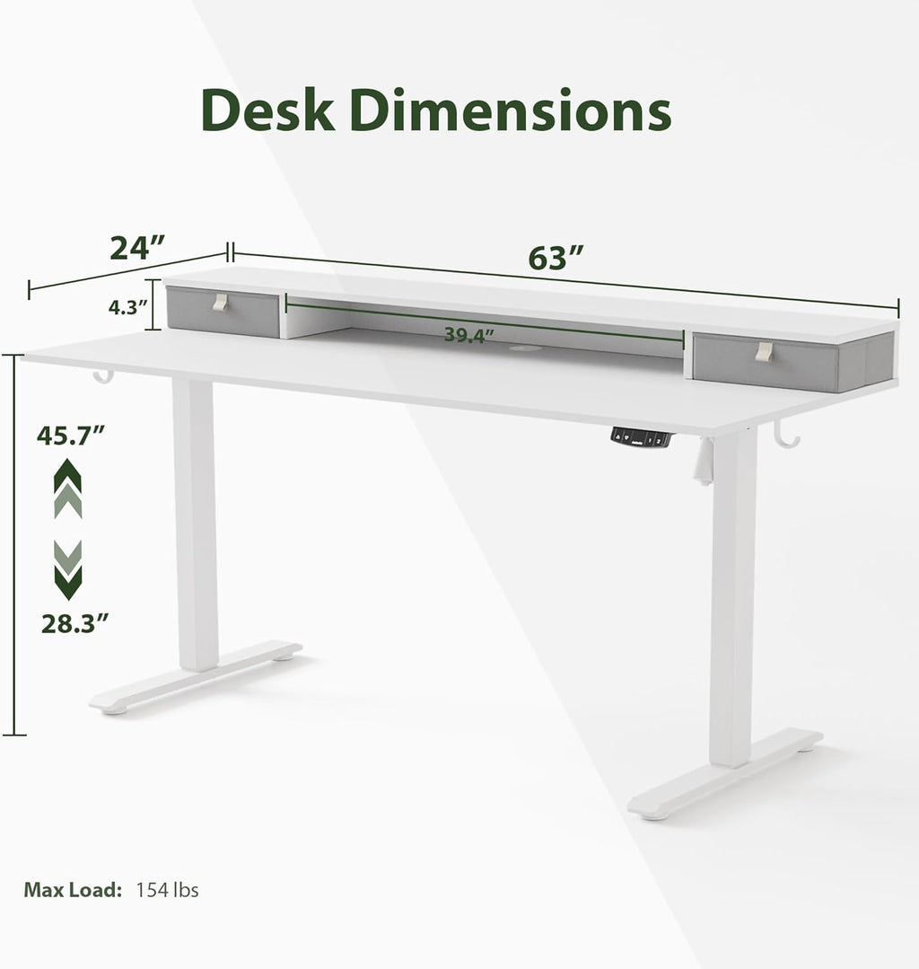 Agilestic 63 x 24 Inches Electric Standing Desk with 2 Storage Drawers, Stand Up Desk Adjustable Height, Sit and Stand Computer Table with Splice Board, White
