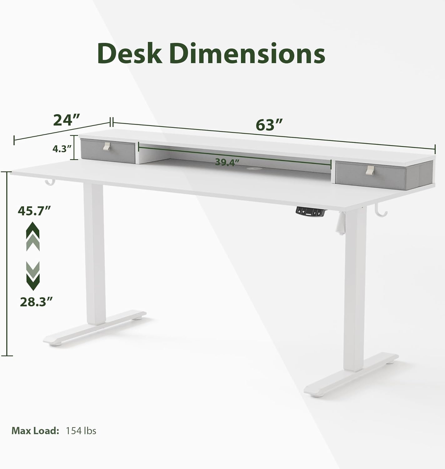 Agilestic 63 x 24 Inches Electric Standing Desk with 2 Storage Drawers, Stand Up Desk Adjustable Height, Sit and Stand Computer Table with Splice Board, White