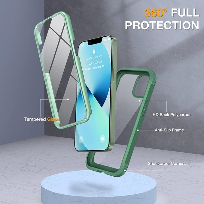 Miracase Compatible with iPhone 13 Mini case 5.4 inch, 2023 Upgrade Full-Body Glass Clear Case Bumper Case with Built-in 9H Tempered Glass Screen Protector for iPhone 13 Mini, Acacia Green