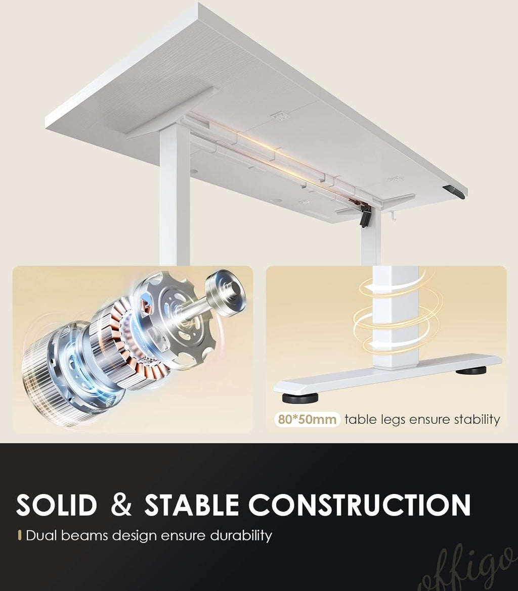 OffiGo Electric Standing Desk with 3-Piece Board, 71 Inch Height Adjustable Large Table with Power Outlets, Sit Stand Table, Writing Computer Desk for Home, Office, Workstation, White