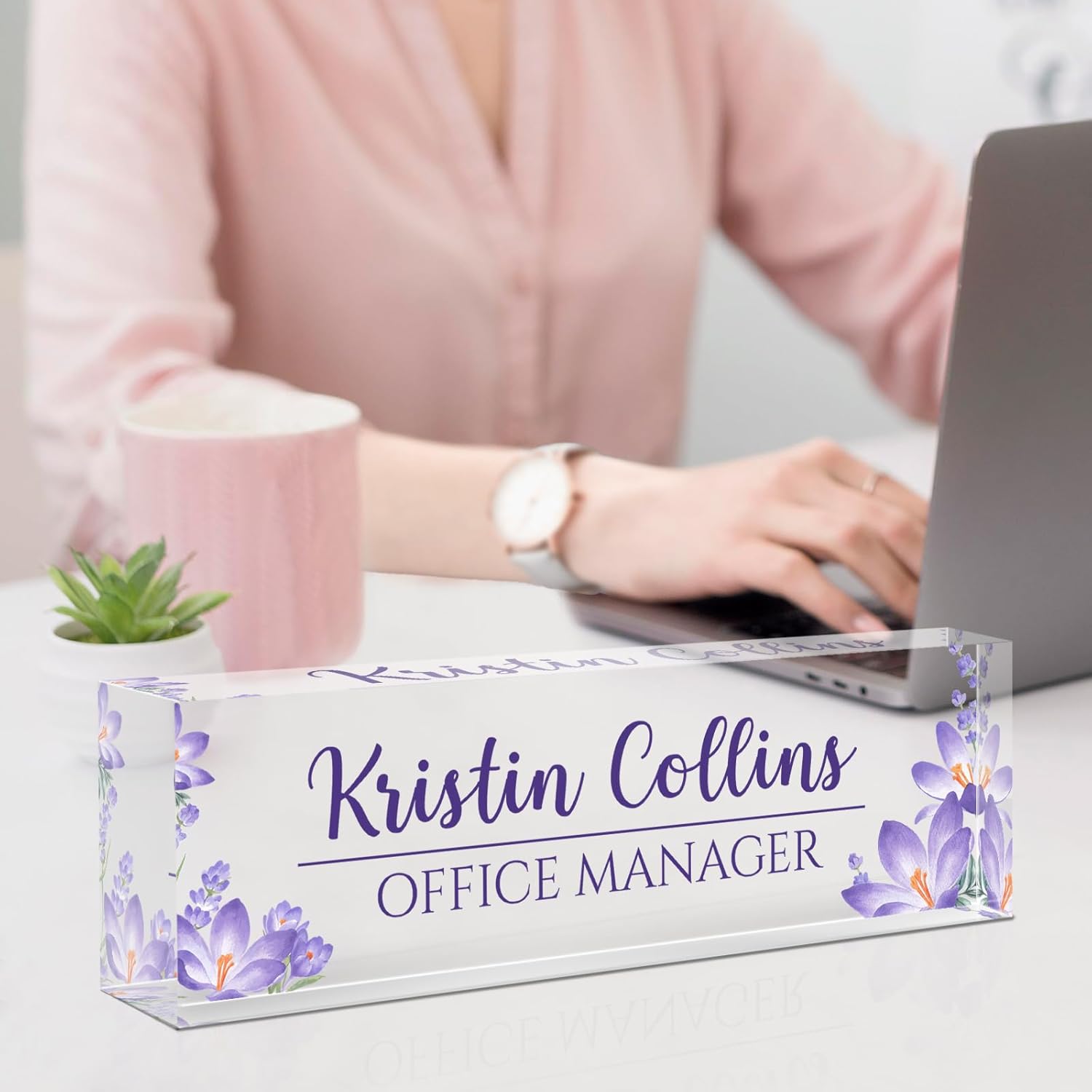 Custom Name Plate for Desk, Acrylic Office Decor For Women Men, Personalized Office Desk Accessories, Teacher Employee Appreciation Gifts For Social Worker Boss Coworkers (Purple Flower-1)