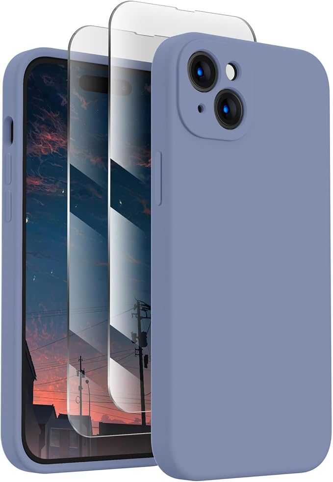 FireNova Designed for iPhone 15 Plus Case, Silicone [Camera Protection] Case with [2 Screen Protectors], Soft Anti-Scratch Microfiber Lining Inside, 6.7 inch, Lavender Gray