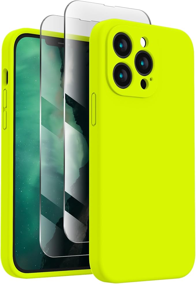 FireNova Designed for iPhone 13 Pro Max Case, Silicone [Camera Protection] Phone Case with [2 Screen Protectors], Soft Anti-Scratch Microfiber Lining Inside, 6.7 inch, Fluorescent Green