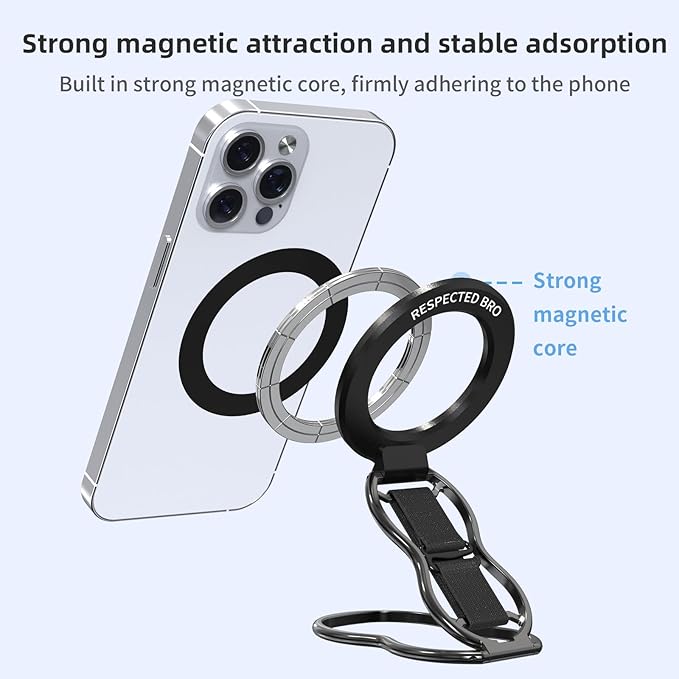 RESPECTED-BRO-Magnetic-Phone-Grip-Stand-with-Finger-Strap, 4-in-1 Magnetic Ring Holder, Kickstand and Elastic Strap for Smartphones, Universal Fit for iPhone, Android, and Cases (Black)