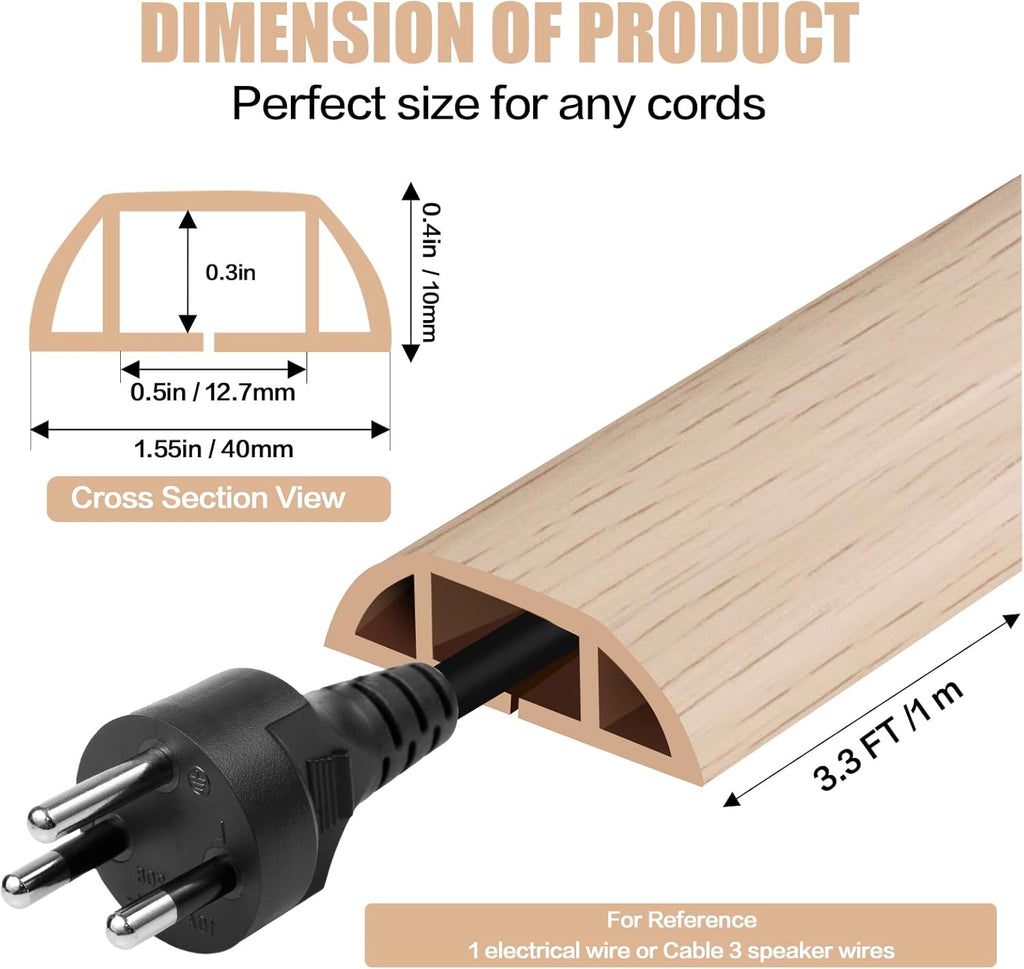 Floor Cord Cover Self Adhesive Cord Hider,3.3FT Cable Management, Extension Strip Protector for Wires, Prevent Cable Trips for Offices, Gyms, Exhibitions Cavity:0.51"(W) x 0.3"(H) Yellow Wood