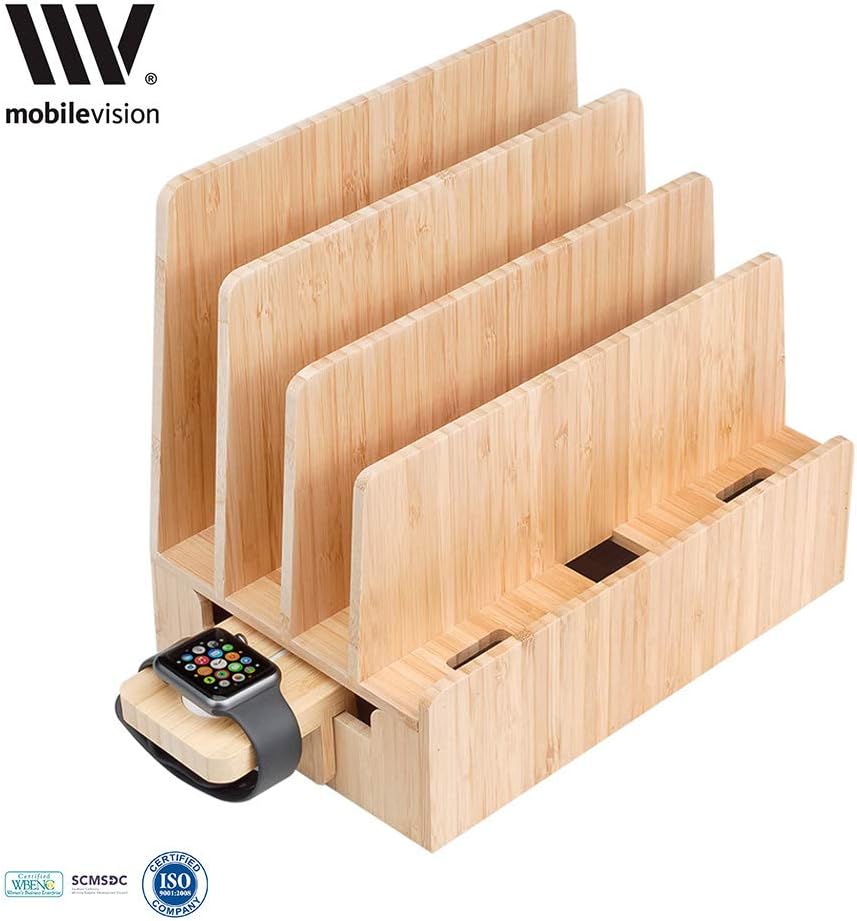 MobileVision Slim Bamboo Charging Station & Compatible Adapter for Apple Watch Multi Device Organizer, Smartphones, Tablets, Laptops & More