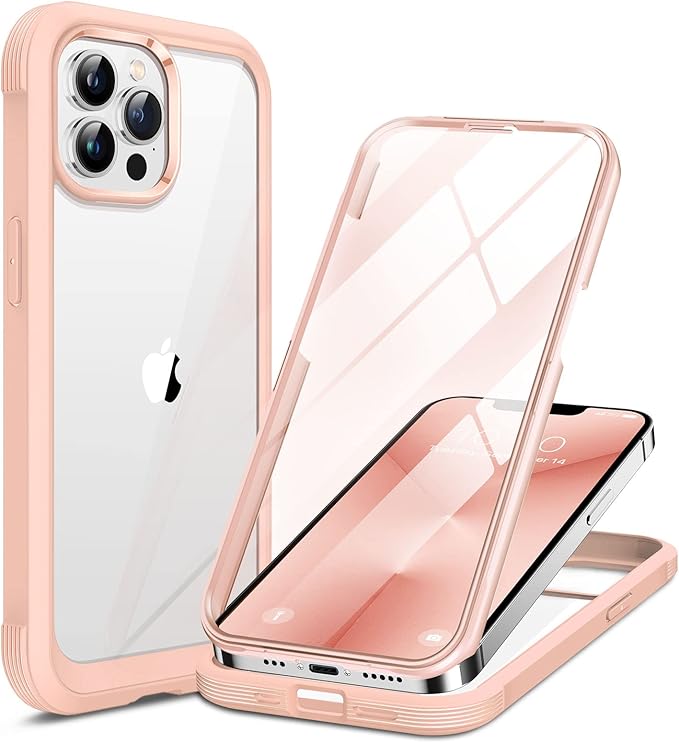 Miracase Glass Case for iPhone 13 Pro Max 6.7 inch, Upgrade Full-Body Clear Bumper Case with Built-in 9H Tempered Glass Screen Protector for iPhone 13 Pro Max, Pink