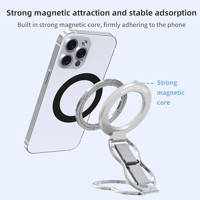 RESPECTED-BRO-Magnetic-Phone-Grip-Stand-with-Finger-Strap, 4-in-1 Magnetic Ring Holder, Kickstand and Elastic Strap for Smartphones, Universal Fit for iPhone, Android, and Cases (Silver)