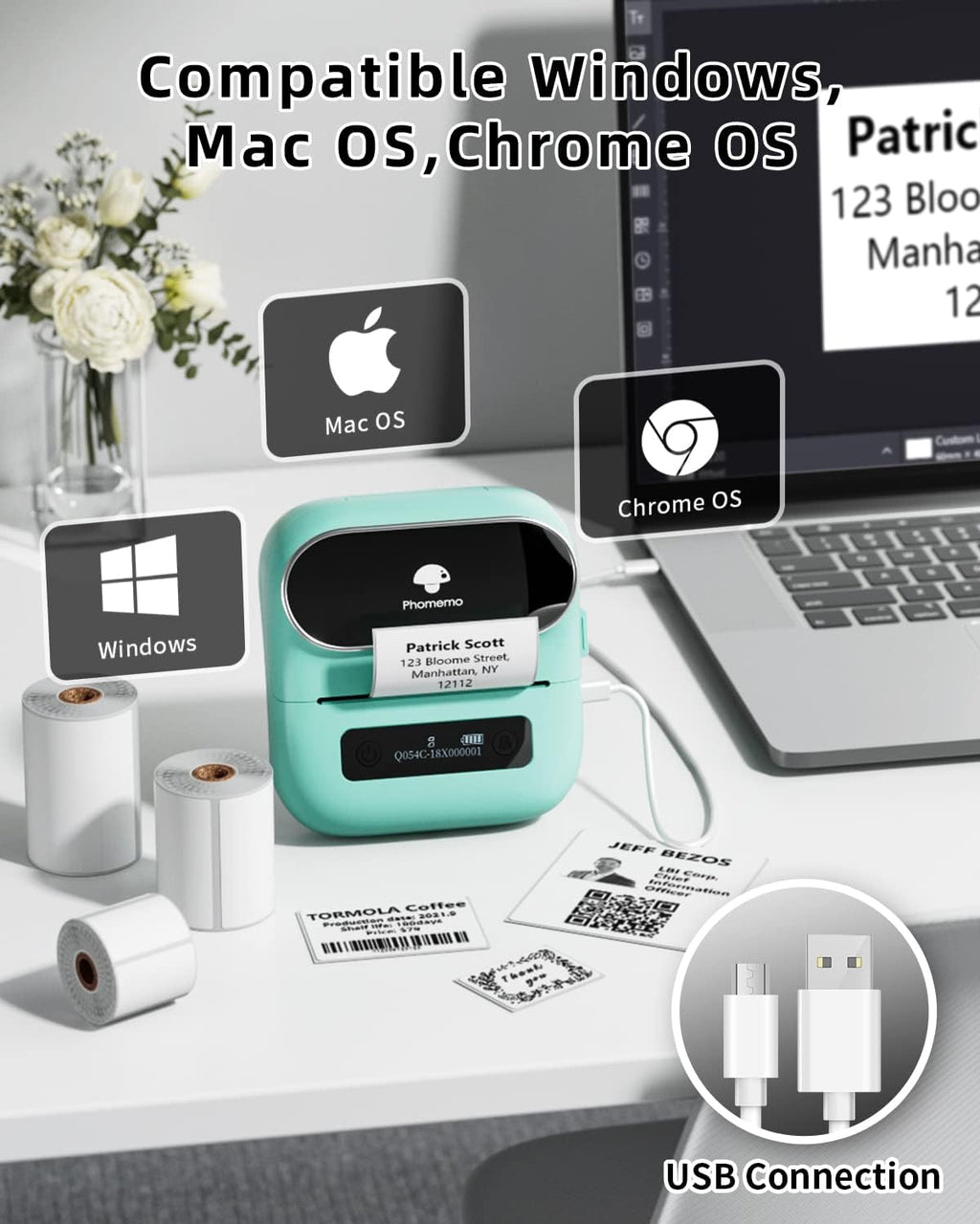 Phomemo M220 Label Maker, 3 Inch Bluetooth Thermal Label Printer for Barcode, Address, Labeling, Mailing, File Folder Label, Label Maker Machine with 3 Rolls of Labels