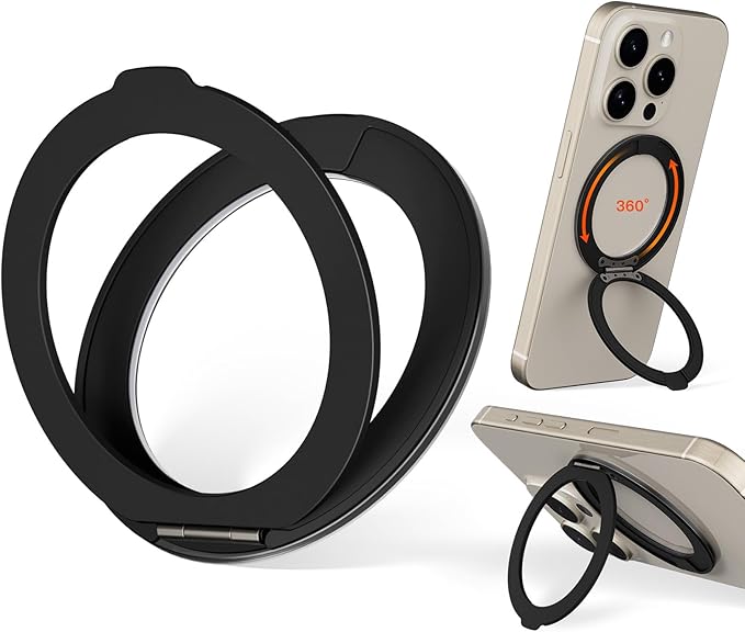 COOLQO Upgraded Magnetic Phone Ring Holder Stand, Super Magnet Cell Phone Grip Finger Kickstand Compatible with MagSafe Mag Safe Accessory for iPhone All Smartphones (1-Black)