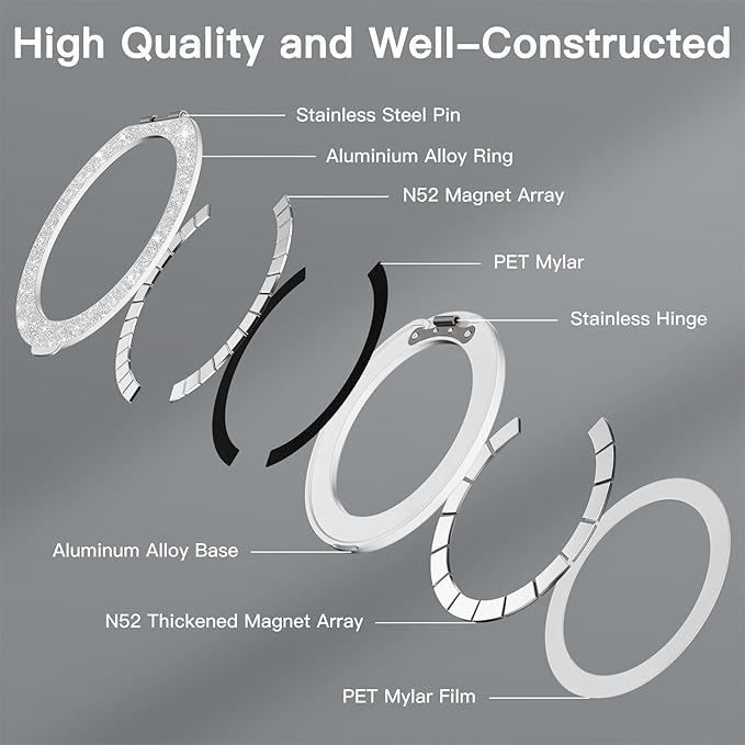 COOLQO Upgraded Magnetic Phone Ring Holder Stand, Super Magnet Cell Phone Grip Finger Kickstand Compatible with MagSafe Mag Safe Accessory for iPhone All Smartphones (1-Glitter Silver)