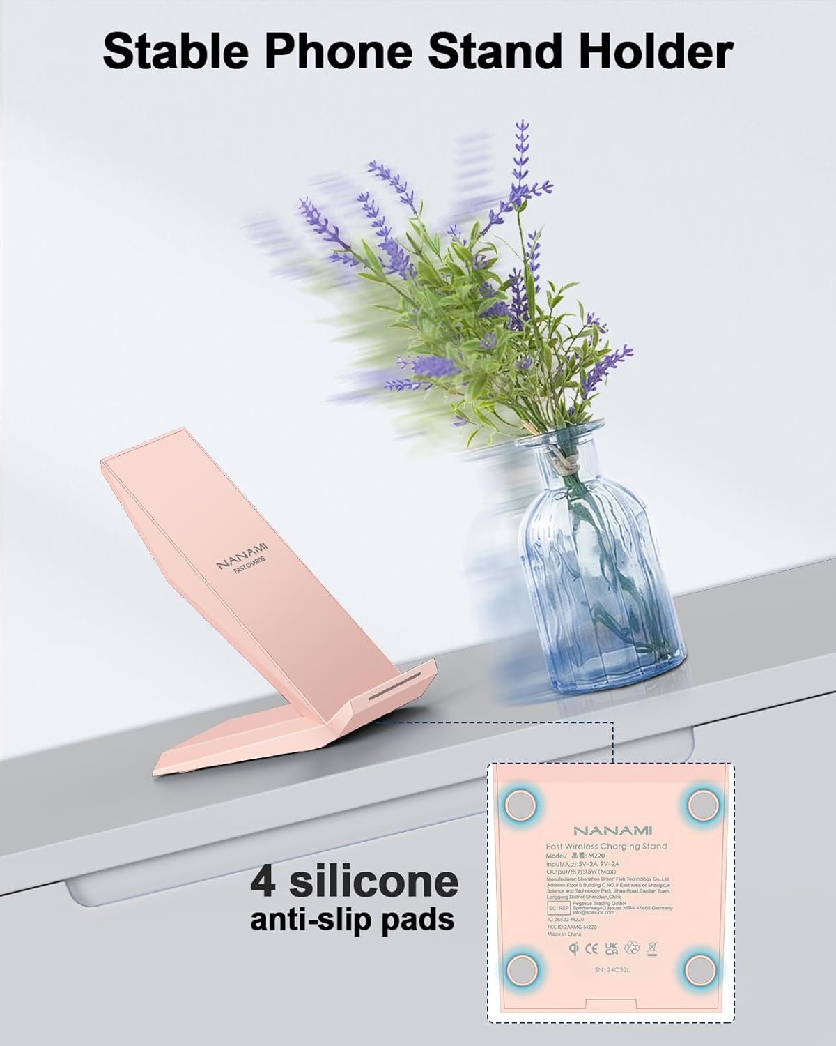 NANAMI Wireless Charger - Qi Certified Wireless Charging Stand Compatible iPhone 17/17 Air/16/15/14/13/12/11 Pro, 10W for Samsung Galaxy S25/S24/S23/S22/S21/S20/Note 20 Ultra and Qi-Enabled Phone