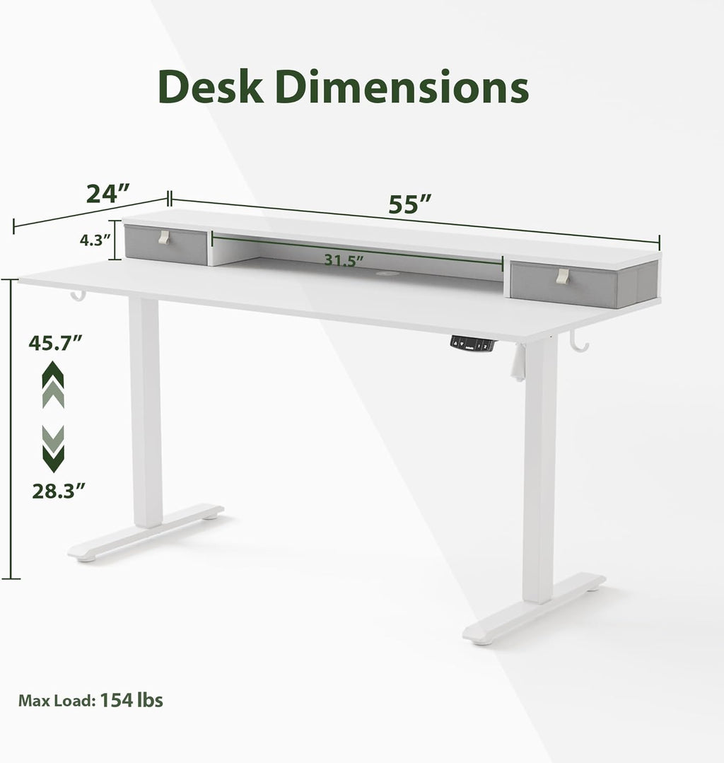 Agilestic 55 x 24 Inches Electric Standing Desk with 2 Storage Drawers, Stand Up Desk Adjustable Height, Sit and Stand Computer Table with Splice Board, White