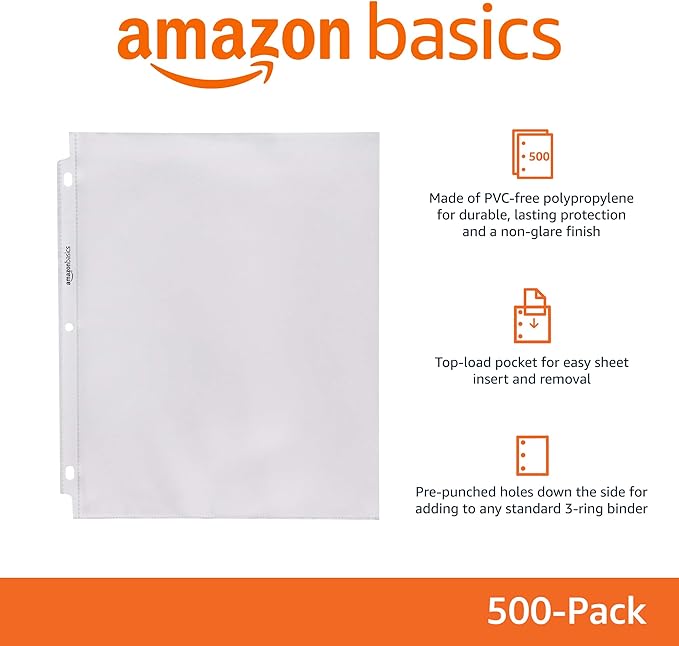 Amazon Basics Non-Glare Sheet Protector for Paper, Sturdy, with Pre-Punched Holes, Clear, 8.5 x 11 Inch, 500 Count