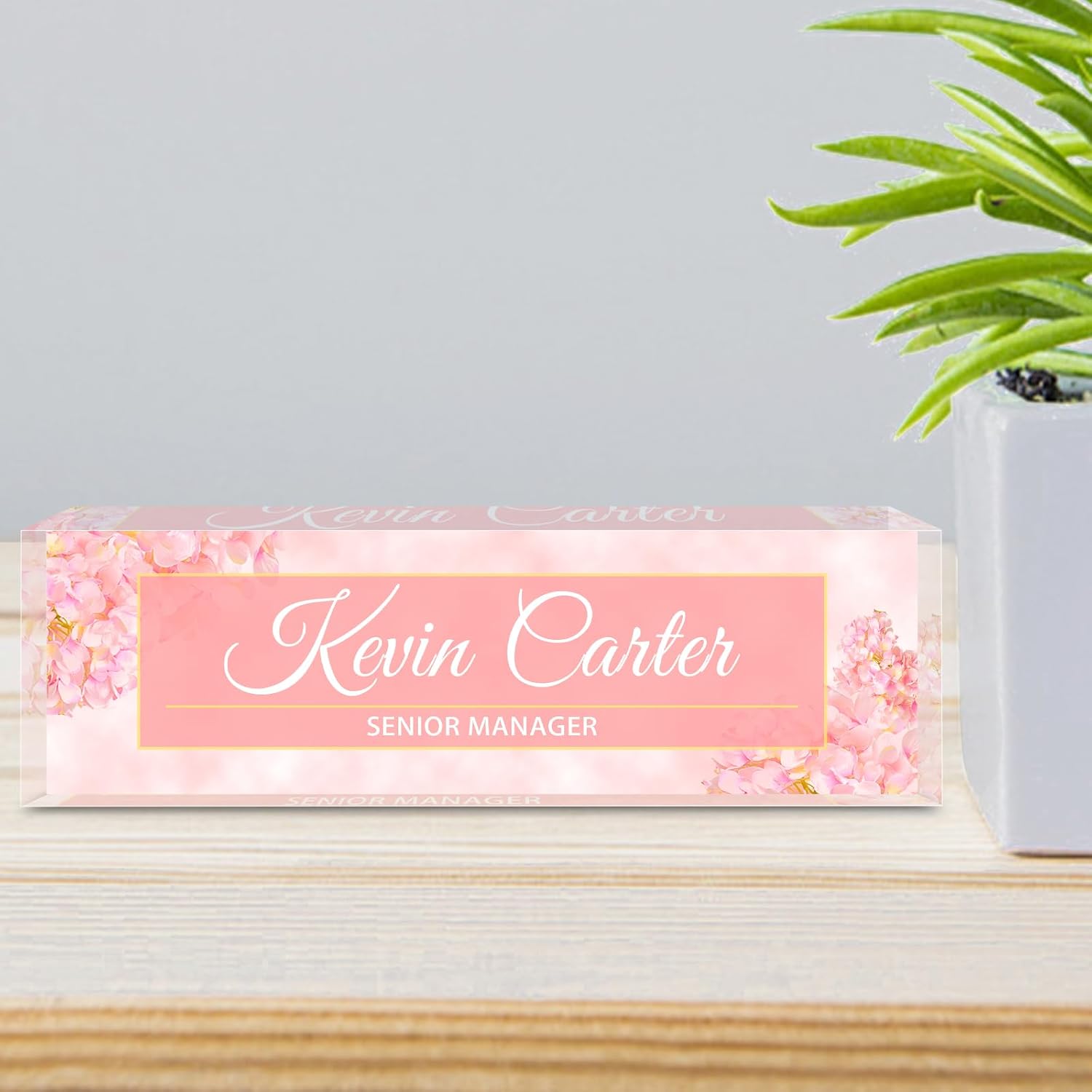 Name Plate for Desk Personalized, Acrylic Desk Decorations, Employee Appreciation Gifts, Custom Office Gifts for Coworkers, Boss, Teacher, Nurse (Pink Hydrangeas)