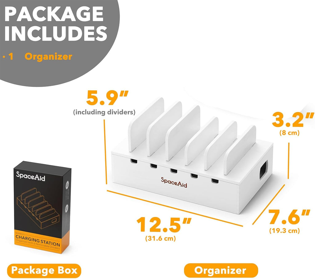 SpaceAid Bamboo Charging Station for Multiple Devices, Cell Phone Docking Stations for Multi Laptop, Tablets and iPads, Nightstand Bedside Desk Device Charger Organizer (White)