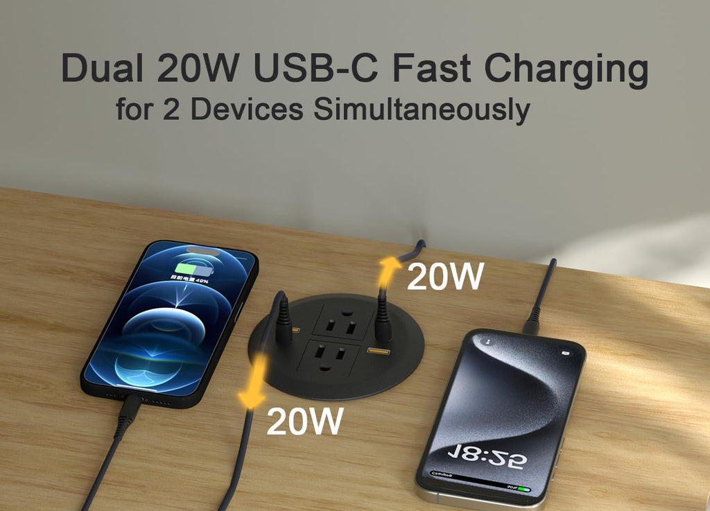 Desktop Power Grommet,Dual PD20W USB C,40W Total Output,4 USB Ports,Flush Mounted for 3-1/8" Desk Grommet Holes,Round Recessed Outlet,ETL-Certified,Flat Plug,6.4 ft,Black