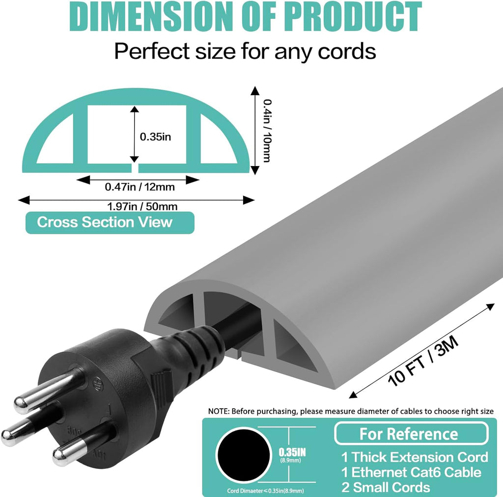 Floor Cord Cover Self Adhesive Cord Hider,10FT Cable Management, Extension Strip Protector for Wires, Prevent Cable Trips for Offices, Gyms, Exhibitions Cavity:0.47"(W) x 0.35"(H) Gray