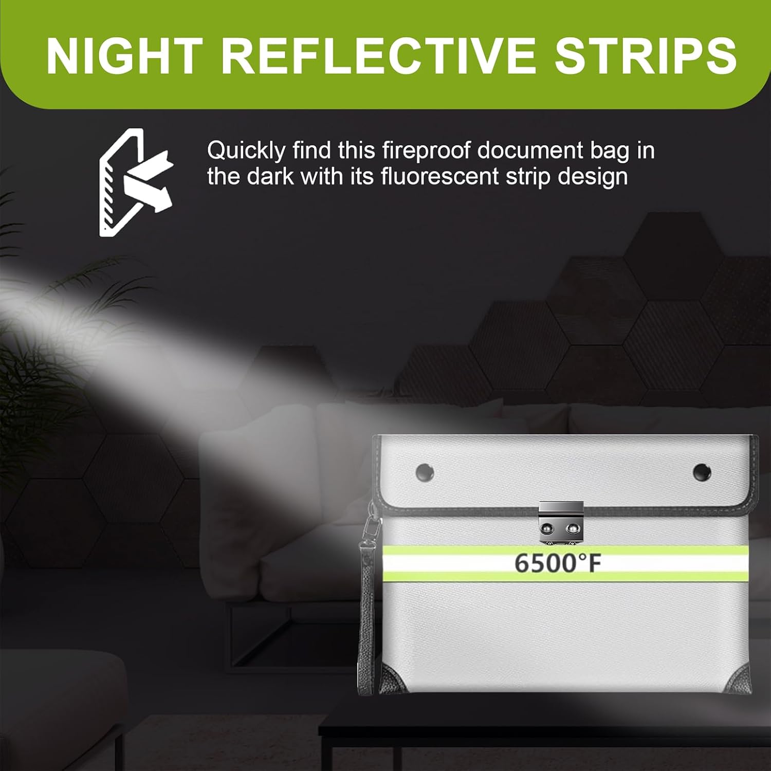 6500°F Fireproof Document Bag with Lock,Upgraded Fireproof/Waterproof Money Bag with Zipper/Reflective Strip,Storage Pouch for A4 Letter Size Document,Cash,Cell Phone,Passport（Not Fit A4 Files）