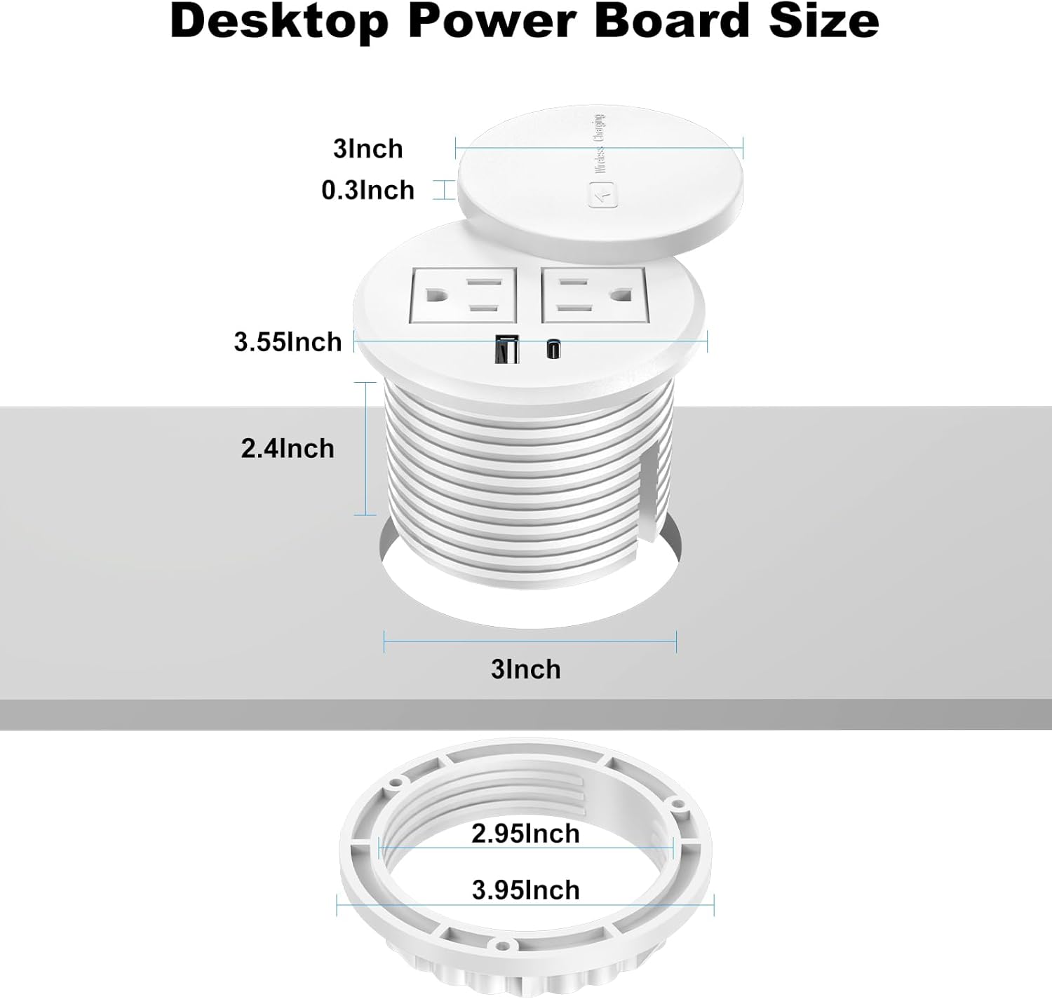 3 Inch Desk Recessed Power Grommet with 15W Wireless Charger, 20W USB-C Fast Charging Countertop Grommet Mount Power Outlet, with AC Outlets and 6ft Extension Cord