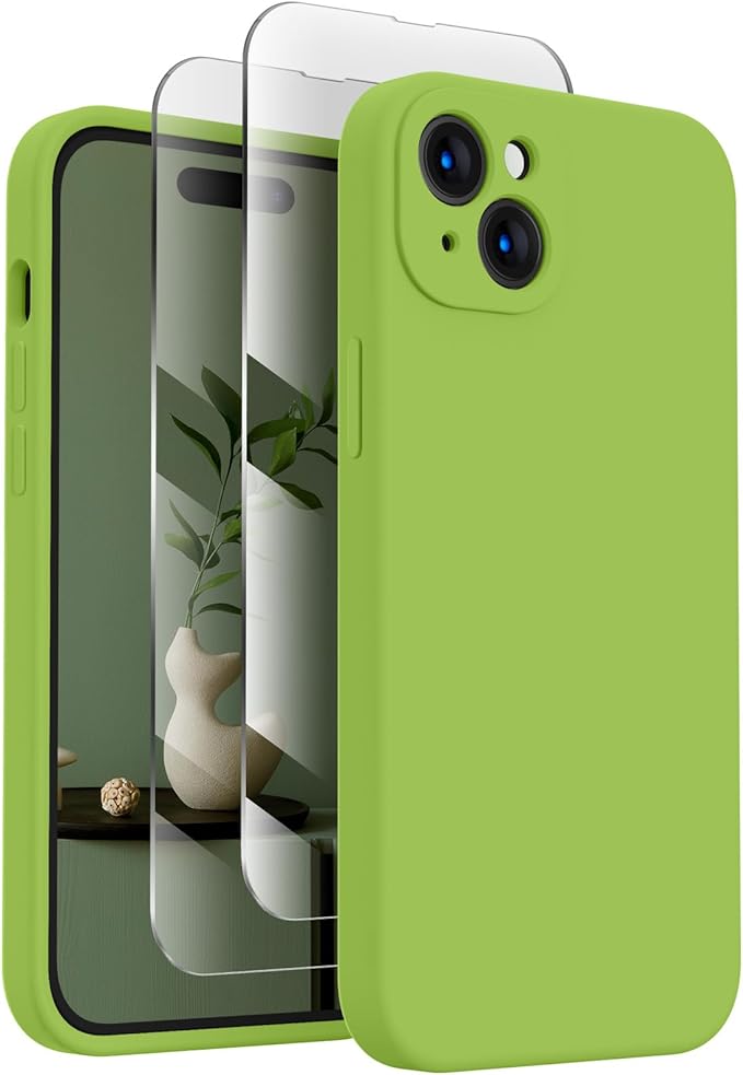 FireNova Designed for iPhone 15 Plus Case, Silicone [Camera Protection] Case with [2 Screen Protectors], Soft Anti-Scratch Microfiber Lining Inside, 6.7 inch, Sprout Green