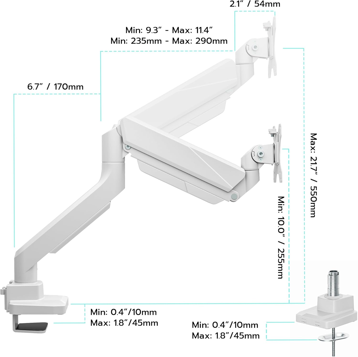 ARES WING Ultrawide Monitor Arm, Heavy Duty Single Monitor Mount for 13"-49" Curved Screens, Adjustable Stand for Desk with C-clamp & Grommet Base up to 40 LBS, White