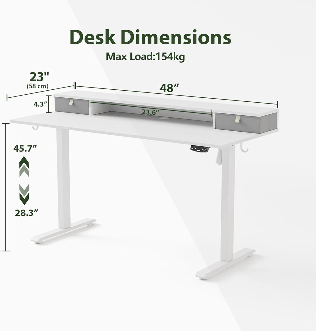 Agilestic 48 x 23 Inches Electric Standing Desk with 2 Storage Drawers, Adjustable Height Sit and Stand Computer Table with Splice Board, White