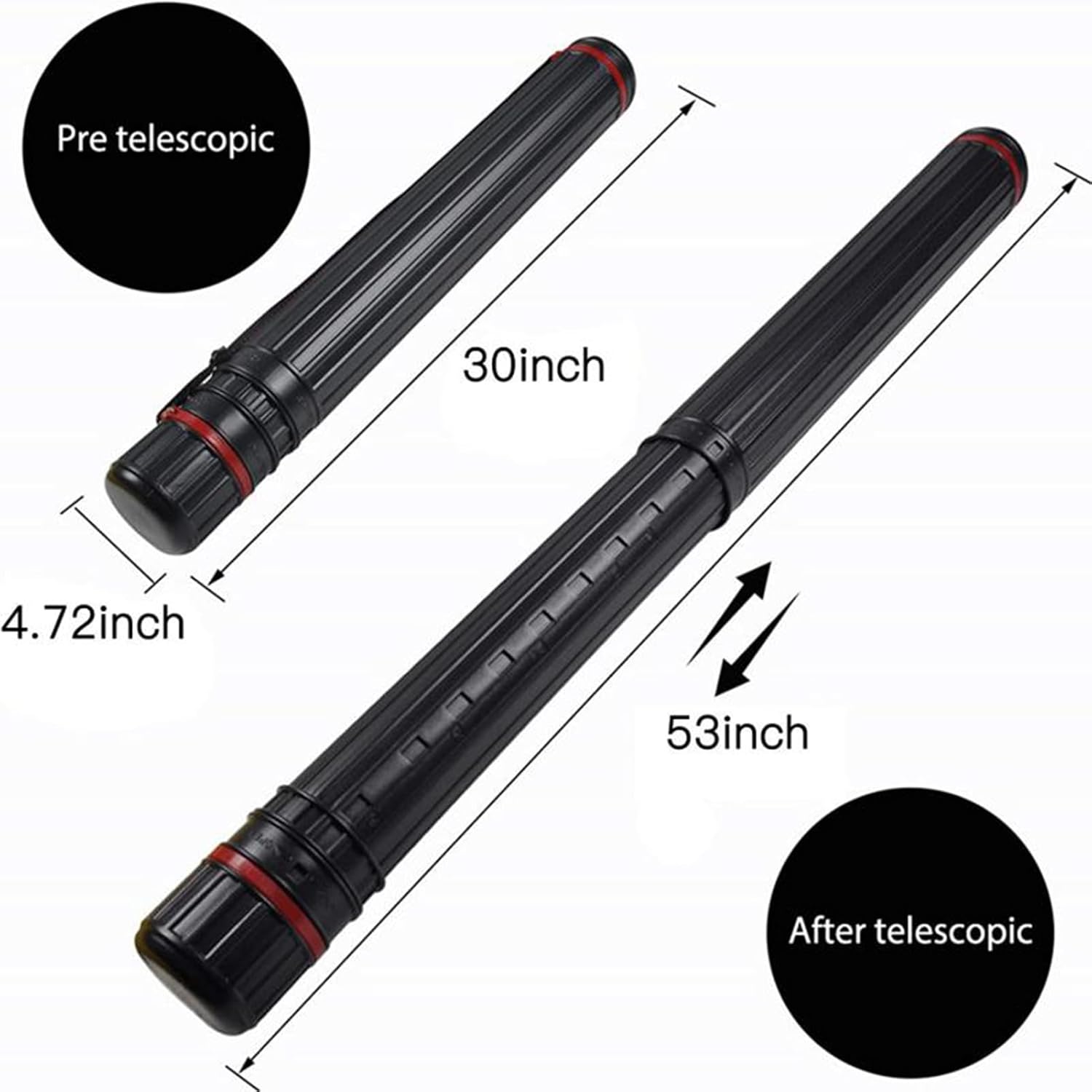 DEWEL 2Pcs Telescoping Plastic Art Tube for Poster/Art/Document/Fishing Rod, Extends from 30" to 53", Waterproof and Light Resistant, with Carrying Strap(Black XL Size)