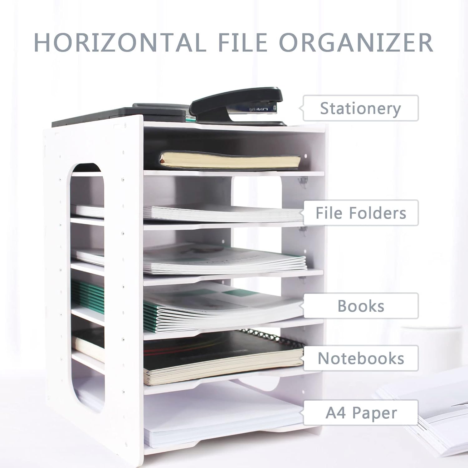 SONGWAY File Organizer for Desk - 7 Tier Document Holder with Removable Shelves, Letter Mail Rack, File Sorter Organizer, A4 Paper Storage Holder, Desktop Organizer for Home Office School, White
