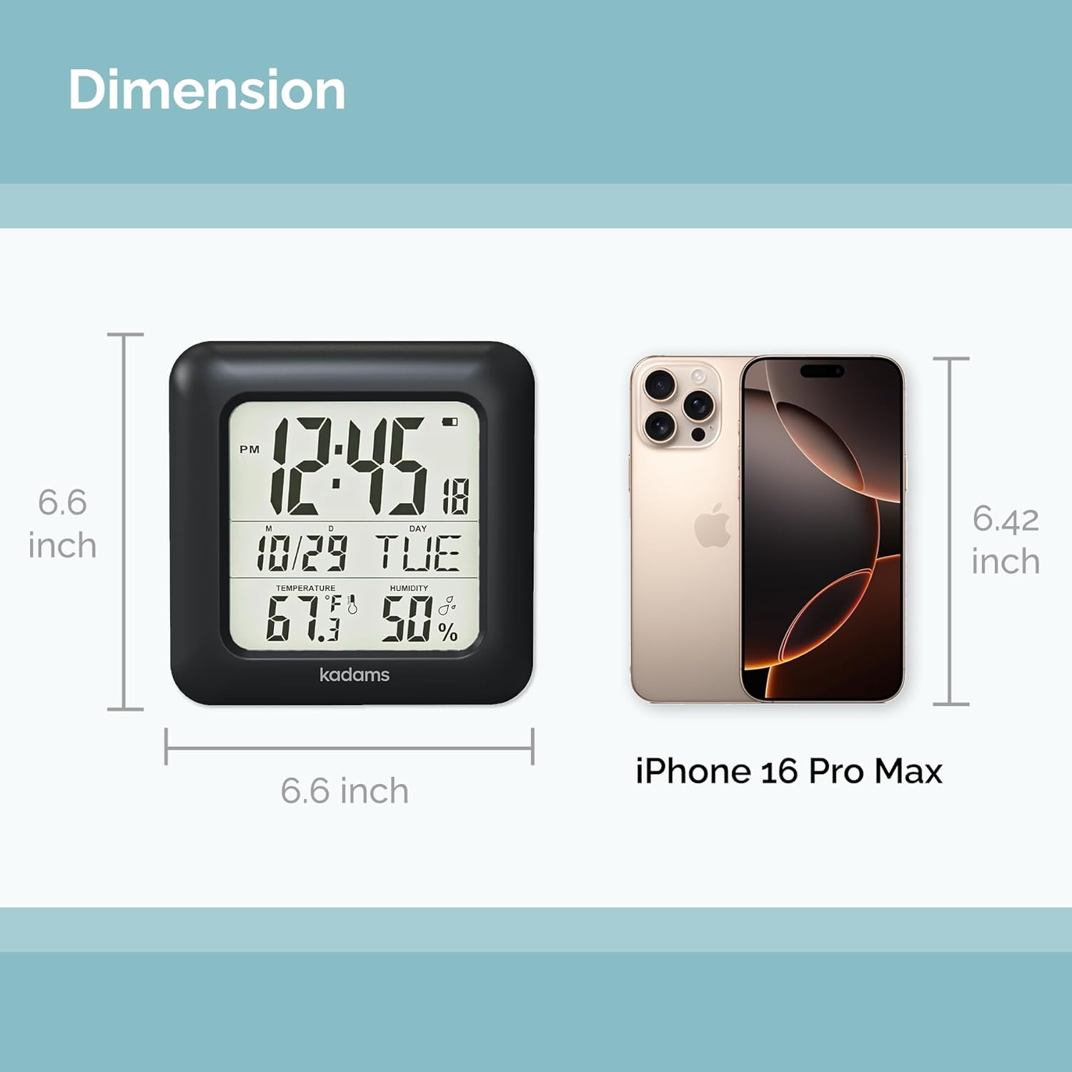 KADAMS Bathroom Clock 9.5" Kitchen Wall Clock with Large LCD Screen – Shower Clock with Suction Cup,Temperature, Humidity, Calendar – Water-Resistant, 4 Mounting Options, Black