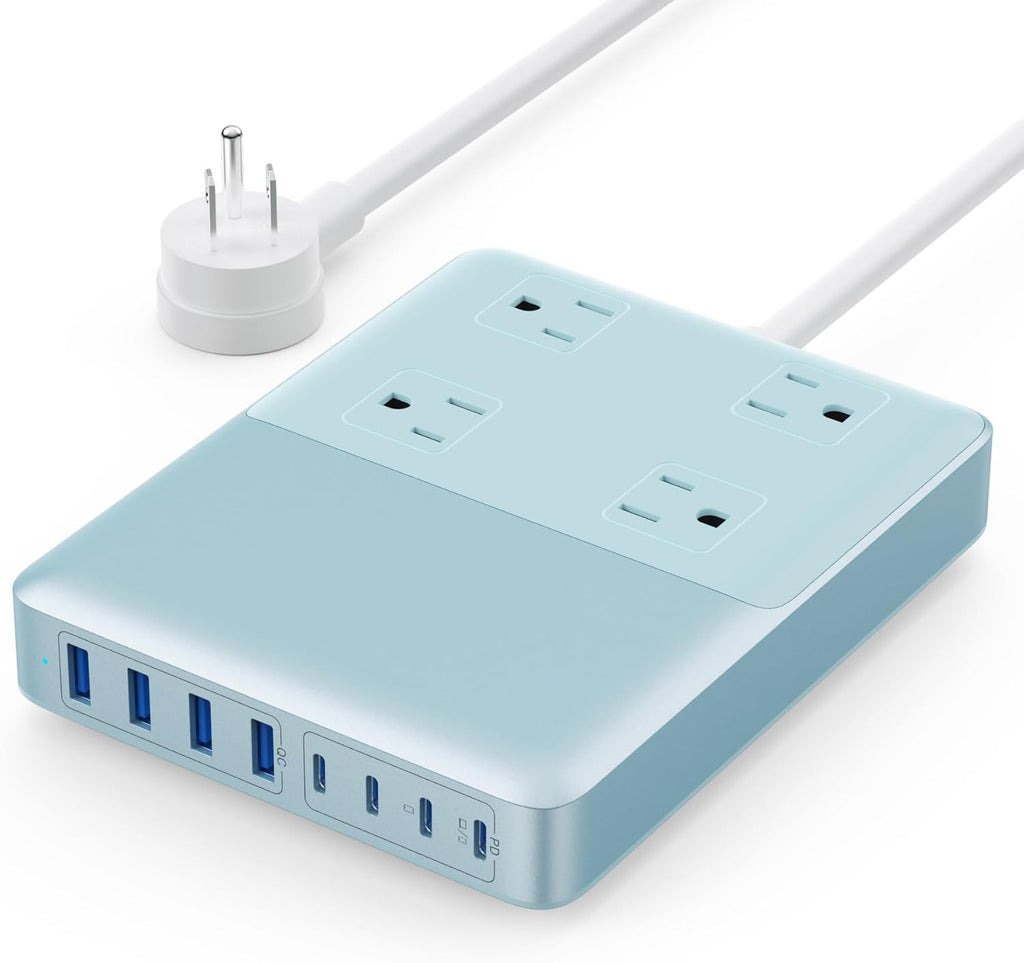 12-in-1 Charging Station USB C Power Strip with 5ft Cord,200W GaN IV USB C Charger Block,4 AC Outlets,4 USB-A,4 USB-C for MacBook,iPhone 16/15/14,Fast Charging Desktop Charger for Office (Light Blue)